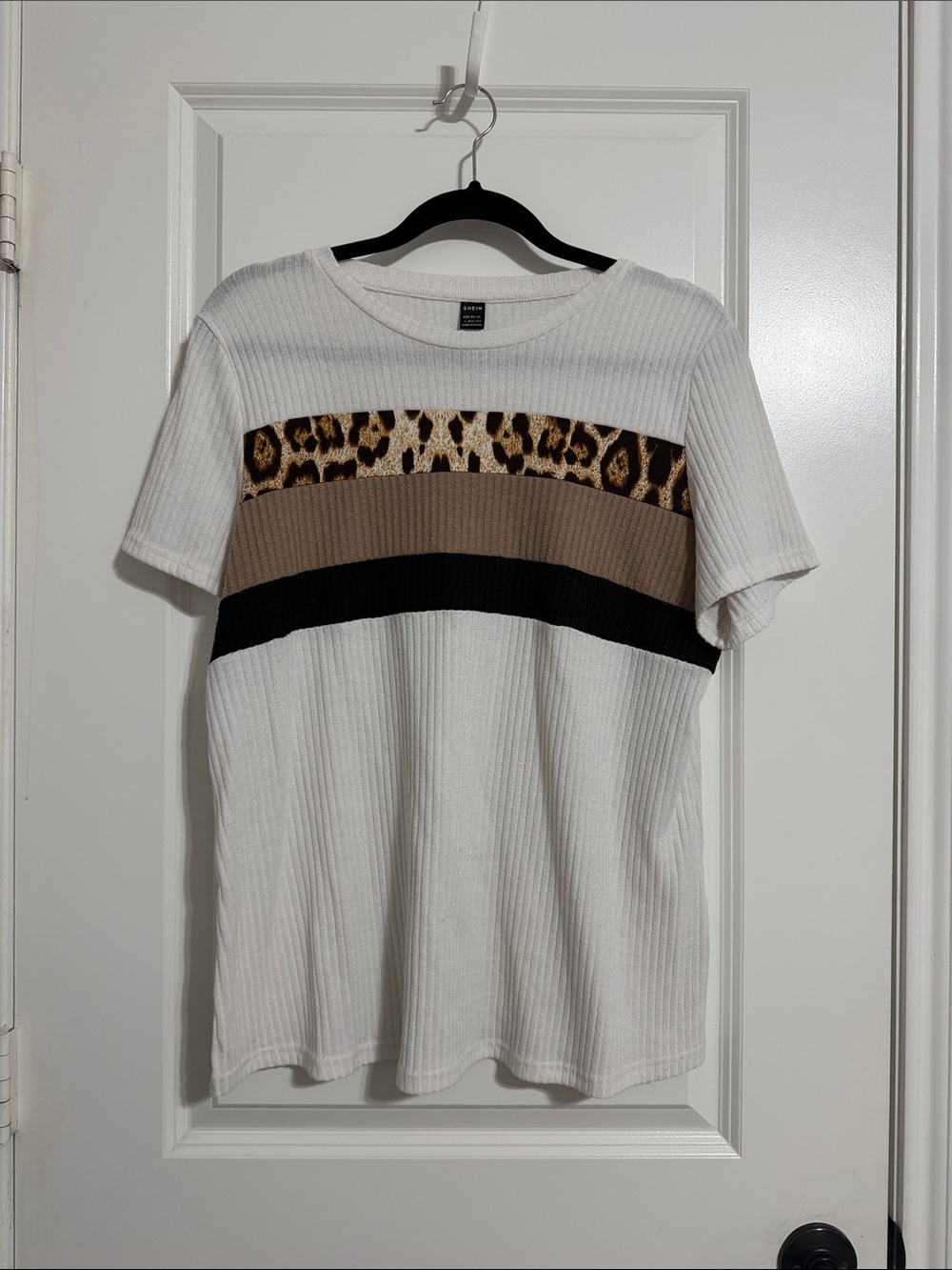 Women's white Tee with Leopard & Neutral Stripes
